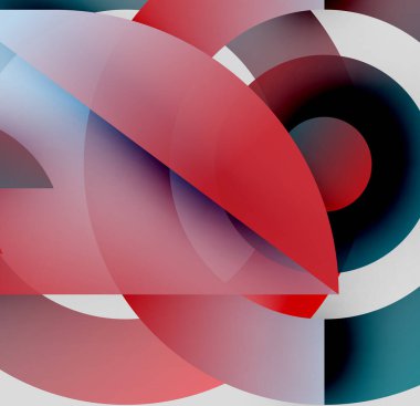 Soyut kompozisyon. Üst üste binen daireler, gradyanlar, canlı kırmızılar, maviler, siyahlar dinamik görsel efektler yaratır. Modern tasarım.