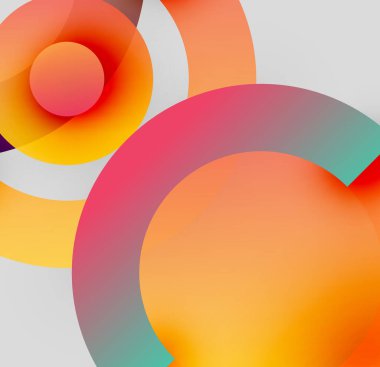 Üst üste binen renkli daireler içeren soyut bir kompozisyon. Gradyanlar turuncu, kırmızı ve turkuaz renkleri harmanlarlar. Minimalist tasarım, modern estetik.
