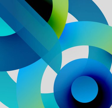 Soyut kompozisyon. Üst üste binen daireler dinamik görsel efekt yaratır. Mavi, yeşil renkler tasarıma hakim. Yumuşak gradyanlar modern estetik sunar.