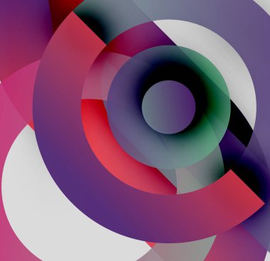 Soyut kompozisyon. Eş merkezli daireler örtüşür, canlı renk karışımları yaratır. Yumuşak eğimli dinamik, modern tasarım.