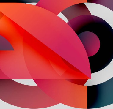 Soyut kompozisyon. Üst üste binen renkli şekiller dinamik görsel efekt yaratır. Kırmızılar, morlar, siyahlar dizaynın hakimi. Minimalist stil.