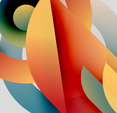 Soyut şekiller örtüşüyor, canlı renk değişimleri yaratıyor. Sıcak tonlar baskın gelir, havalı maviler ve yeşilliklerle tezat oluşturur. Modern tasarım.