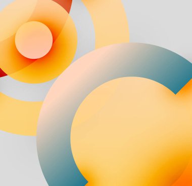 Soyut kompozisyon. Üst üste binen daireler, gradyanlar sıcak ve serin tonlar yaratır. Minimalist tasarım, yumuşak dokular, modern estetik.