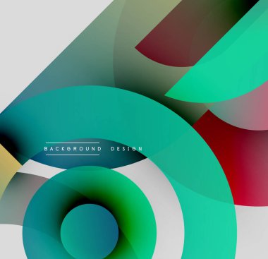 Soyut geometrik şekiller örtüşüyor, canlı renk eğimleri yaratıyor. Modern tasarım elementleri dinamik bileşimi önerir.