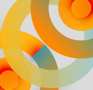 Soyut kompozisyon. Üst üste binen daireler, gradyanlar, sıcak tonlar baskın gelir. Minimalist tasarım, modern estetik, yumuşak gölgeler sunar.