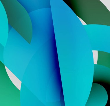 Soyut kompozisyon. Üst üste binen şekiller dinamik görsel akış yaratır. Maviler, yeşiller palete hakim. Minimalist tasarım.