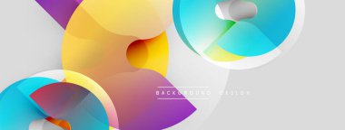 Soyut renkli şekiller örtüşür, dinamik bileşim yaratır. Gradyanlar sarı, mor ve mavi renkleri harmanlarlar. Modern tasarım ögesi.