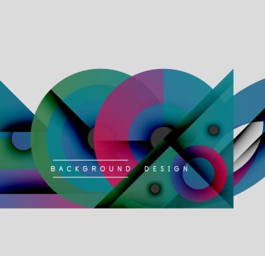 Soyut kompozisyon. Üst üste binen daireler, dikdörtgenler dinamik görsel efekt yaratır. Gradyan renkler, modern tasarım elementleri.