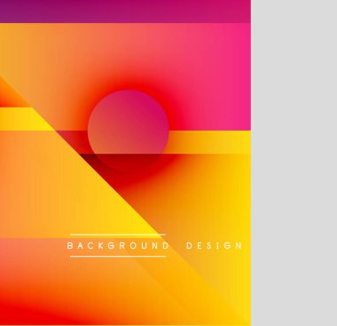 Soyut geometrik bileşim. Canlı gradyanlar, şekiller üst üste binerek modern görsel efektler yaratıyor. Minimalist tasarım, kalın renkler.