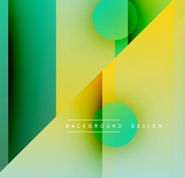 Soyut geometrik bileşim. Renkler karışıyor, dinamik görsel efekt yaratıyor. Çemberler, üçgenler, dikdörtgenler çakışıyor. Modern tasarım ögesi.