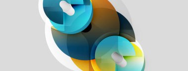 Soyut şekiller örtüşür, dinamik bileşim yaratır. Mavi, turuncu, sarı renkler tarafsız arkaplanda baskın. Modern tasarım elemanları.