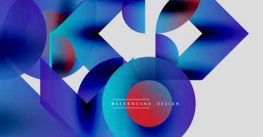 Soyut tasarım üst üste binen daireler, üçgenler, canlı mavi, kırmızı renkler. Modern estetik, dinamik kompozisyon, temiz çizgiler.