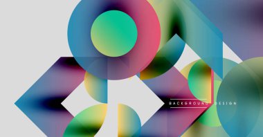 Soyut geometrik şekiller örtüşüyor, canlı renk eğimleri yaratıyor. Modern tasarım daireler, üçgenler, kareler içerir. Arkaplan yenilik ve akıcılık öneriyor.