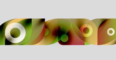 Üst üste binen daireler, kıvrımlar, canlı renkler içeren soyut kompozisyon. Gradyan gölgeler dinamik görsel efekt yaratır. Modern tasarım.