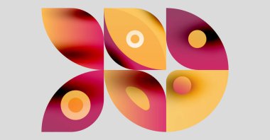 Soyut şekiller örtüşür, canlı renk karışımları yaratır. Sıcak tonlar kompozisyona hakim, akıcılığı ve hareketi işaret ediyor. Minimalist tasarım.