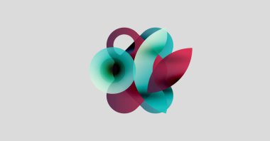 Soyut şekiller üst üste binerek sıvı formları oluşturur. Teal, kırmızı renkler tarafsız arkaplanda baskın. Modern tasarım, dinamik kompozisyon.