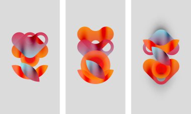 Soyut sanat eserleri. Üç panelde üst üste binen rengarenk şekiller var. Çiçek biçimlerine benziyor. Yumuşak eğimler derinlik ve doku yaratır..