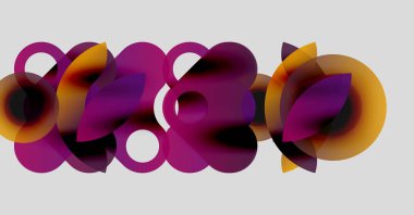 Üstüste binen şeffaf daireler içeren soyut bir kompozisyon. Renkler mor, turuncu, beyaz aralığında, dinamik görsel etki yaratır.