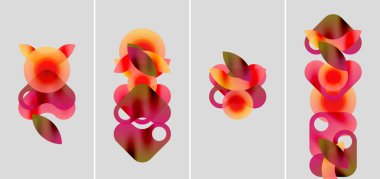 Soyut sanat eserlerinde dört panel var. Her biri üst üste binen, bulanık daireler, gradyanlar, sıcak renkler, yumuşak şekiller. Minimalist tasarım.