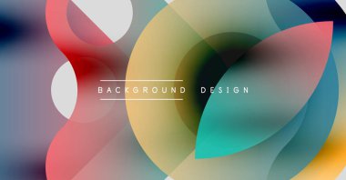 Soyut renkli katmanlar dinamik arkaplan yaratır. Üst üste binen şekiller, gradyanlar, modern tasarım elementleri görsel uyum sunar.