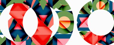 Soyut geometrik bileşim. Çemberler renkli üçgenler, şekiller, desenler içerir. Modern tasarım, canlı renkler, sanatsal ifade.