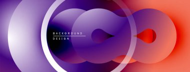 Soyut çemberler çakışıyor, canlı gradyanlar yaratıyor. Mor, kırmızı renkler tasarımda baskın. Minimum metin mevcut. Modern estetik.