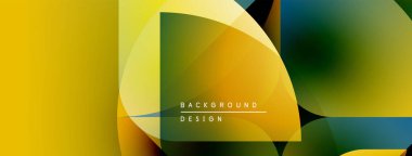 Soyut geometrik şekiller örtüşüyor, canlı renk eğimleri yaratıyor. Sarı, yeşil, turuncu renkler tasarımda baskın. Modern estetik.