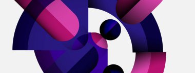 Kavisli şekiller içeren soyut kompozisyon, canlı mor renkler, koyu daireler, beyaz alan. Modern tasarım, dinamik akış, görsel uyum.