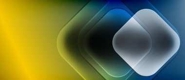 Soyut geometrik tasarım. Sarı, mavi renkler karışıyor. Üst üste binen kareler derinlik yaratır, modern estetik. Yumuşak geçişler, canlı renkler.