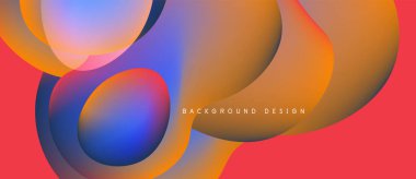 Soyut sıvı şekilleri canlı renkleri harmanlar. Turuncu, mavi, kırmızı gradyanlar dinamik bileşim oluşturur. Arka planlar için modern tasarım ögesi.