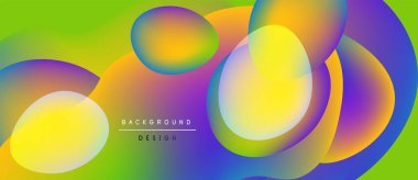 Canlı soyut şekiller örtüşüyor, renkli gradyanlar yaratıyor. Arka planda limon yeşili, sarı, mor renkler var. Tasarım elementleri akıcılık ve hareket önerir.