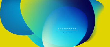 Soyut sıvı şekilleri örtüşür, parlak mavi ve sarı renkler yaratır. Modern tasarım elementleri dinamik hareketi, pürüzsüz geçişleri önerir.