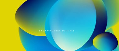 Soyut canlı tasarım, üst üste binen renkli daireler, gradyanlar. Sarı, mavi renkler kompozisyona hakim. Modern estetik.