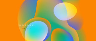 Soyut renkli şekiller örtüşüyor, canlı gradyanlar yaratıyor. Turuncu arka planda baskın, mavi, yeşil renkler mevcut. Modern tasarım ögesi.