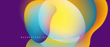 Soyut sıvı şekilleri örtüşür ve canlı renk değişimleri yaratır. Mor arka plan sarı, mavi renkleri tamamlar. Modern tasarım ögesi.