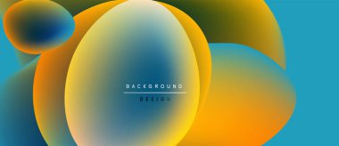 Soyut sıvı şekiller harmanlanarak canlı renk değişimleri yaratır. Mavi, turuncu, sarı renkler tasarımda baskın. Minimalist metin mevcut.