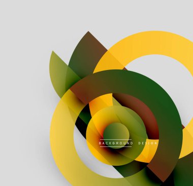Soyut tasarım özellikleri üst üste binen renkli daireler, yapraklar. Gradyan gölgeler dinamik görsel efekt yaratır. Modern arkaplan ögesi.