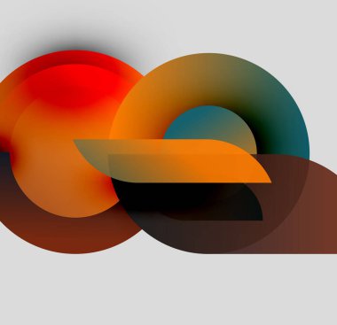 Üst üste binen daireler içeren soyut kompozisyon, sıcak renkler baskın, dinamik görsel etkileşim yaratıyor. Yumuşak eğimler mevcut derinlik.