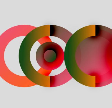 Soyut daireler örtüşür, canlı renk karışımları yaratır. Tasarım, değişkenleri, şekilleri, modern estetiği barındırır. Minimalist kompozisyon, nötr arkaplan.