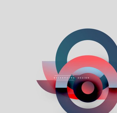 Soyut daireler çakışıyor, dinamik görsel etki yaratıyor. Renkler harmanlanır, maviler, beyazlar gri arka plan. Modern tasarım ögesi.