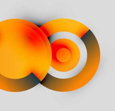 Soyut turuncu daireler örtüşüyor, dinamik görsel etki yaratıyor. Gradyanlar derinlik öneriyor, modern tasarım ögesi oluşturuyor.