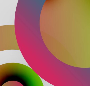 Üst üste binen daireler içeren soyut kompozisyon. Renkler karışıyor, yumuşak eğimler yaratıyor. Minimalist tasarım, modern estetik.