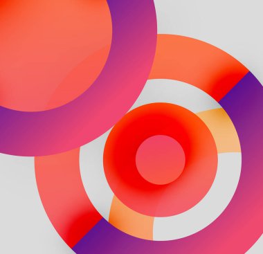 Soyut renkli daireler çakışıyor, dinamik görsel efekt yaratıyor. Gradyan tonları modern tasarımı sunar. Basit şekiller, canlı renkler..
