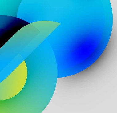 Üstüste binen şeffaf daireler içeren soyut bir kompozisyon. Renkler canlı maviler, yeşiller, sarılar, gri arka plan. Yumuşak gradyanlar.