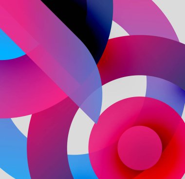 Soyut kompozisyon. Üst üste binen renkli çemberler dinamik görsel efekt yaratır. Gradyan renkler harmanlanarak modern sanat eserleri oluşturur..