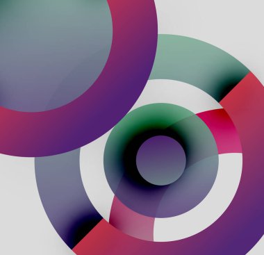 Soyut daireler örtüşür, canlı renk karışımları yaratır. Yumuşak eğimler derinlik ve modern tasarım estetiğini akla getiriyor.