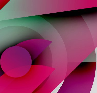 Soyut kompozisyon. Üst üste binen daireler, dikdörtgenler canlı renk değişimleri yaratır. Modern tasarım, minimalist estetik. Düz geçişler, dinamik şekiller.