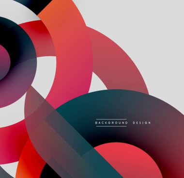 Soyut daireler örtüşür, canlı renk karışımları yaratır. Modern tasarım değişkenleri, şekilleri, pürüzsüz geçişleri içerir. Minimalist estetik.