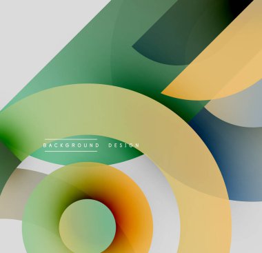 Soyut geometrik şekiller örtüşüyor, canlı renk eğimleri yaratıyor. Modern tasarım elementleri dinamik bileşimi önerir.