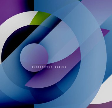Soyut kompozisyon. Üst üste binen daireler dinamik görsel efekt yaratır. Mavi, mor, yeşil renkler tasarımda baskın. Modern estetik.
